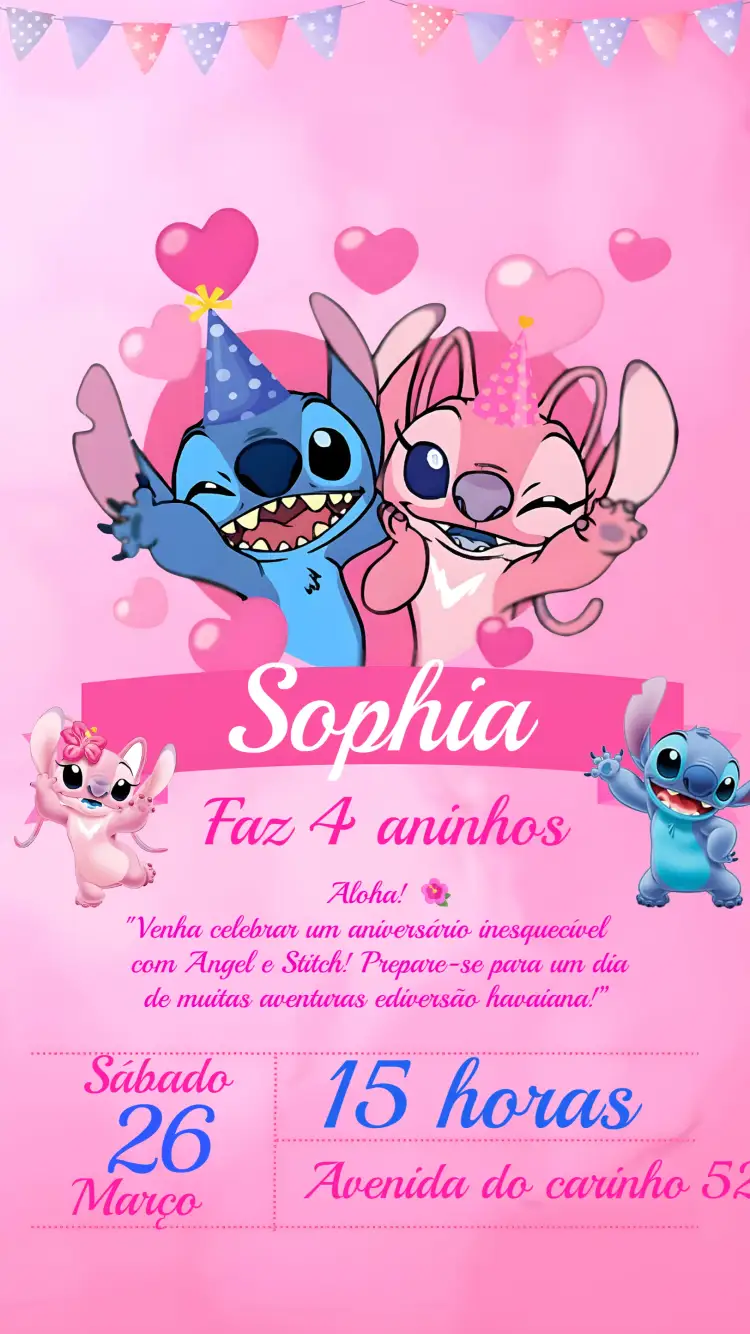 Convite Stitch E Angel Azul – tema Mais pesquisados azul, infantil, divertido, colorido, temático