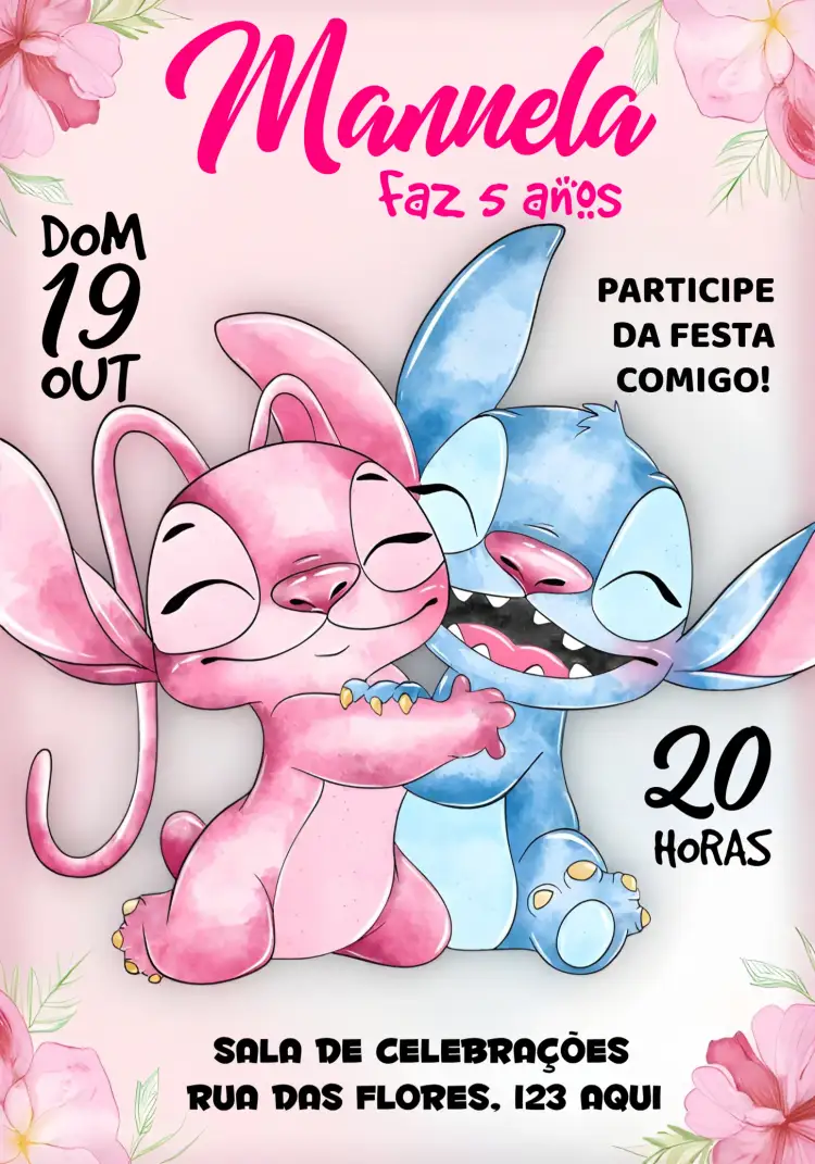 Convite Stitch E Angel Azul – tema Mais pesquisados aquarela, colorido, infantil, vibrante, divertido, temático