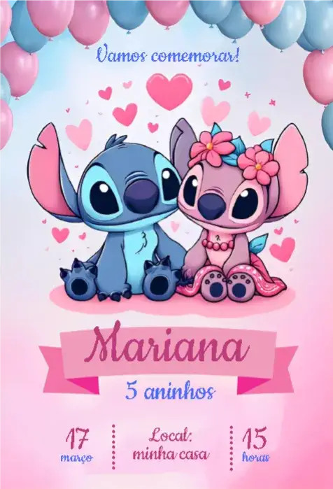 Convite Stitch e Angel azul e rosa – tema Aniversário Infantil colorido, divertido, temático, lúdico, infantil