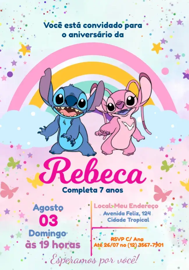 Convite Stitch E Angel Arco-íris – tema Mais pesquisados colorido, divertido, infantil, ilustrações animadas, brincalhão