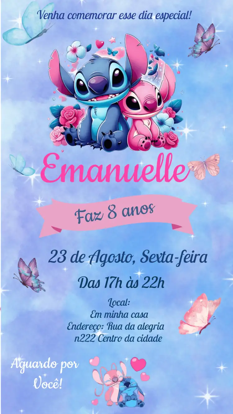 Convite Stitch E Angel Disney – tema Mais pesquisados colorido, lúdico, divertido, temático, infantil