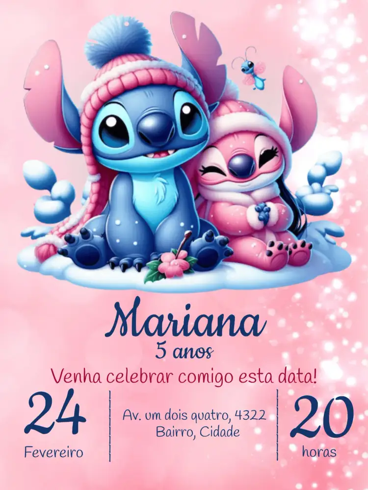 Convite Stitch E Angel Festa – tema Mais pesquisados cores rosa, estilo lúdico, elementos gráficos de cartoon, design infantil, temática Lilo e Stitch