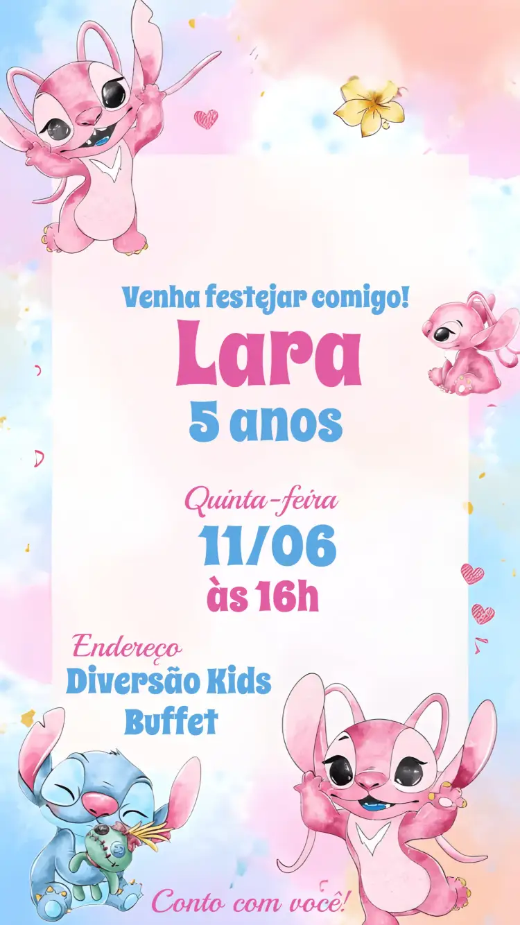 Convite Stitch E Angel Festa – tema Mais pesquisados aquarela, colorido, infantil, divertido, temático, lúdico