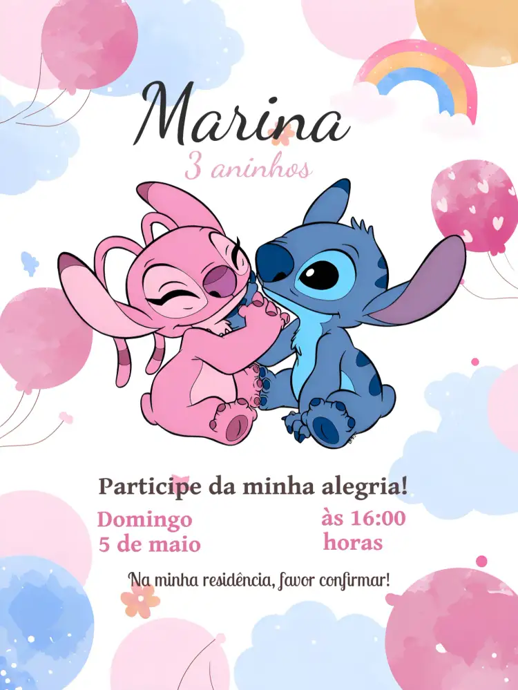 Convite Stitch E Angel Íris – tema Mais pesquisados colorido, infantil, floral, divertido, temático