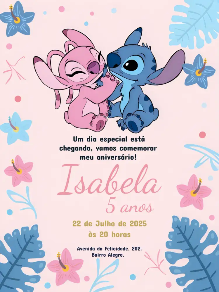 Convite Stitch E Angel Lilo – tema Mais pesquisados tropical, colorido, divertido, infantil, vibrante, Disney