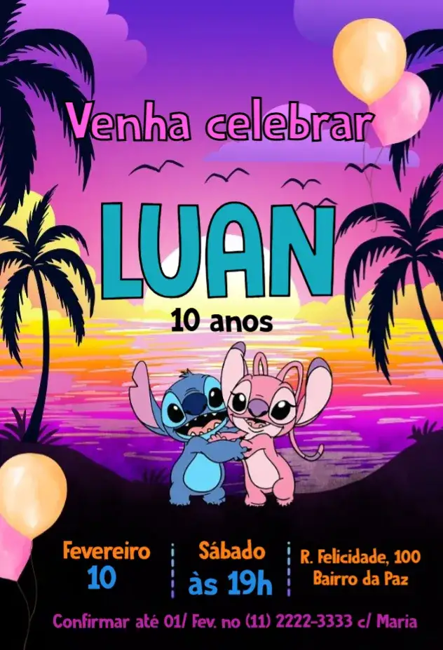 Convite Stitch e angel Luau – tema Mais pesquisados tropical, colorido, divertido, verão, temático, praia