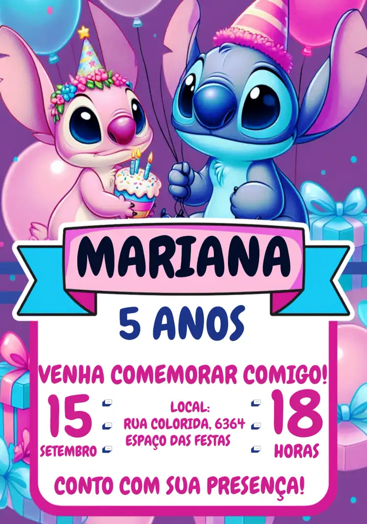Convite Stitch E Angel Menina – tema Mais pesquisados rosa, pink, divertido, infantil, Disney, colorido