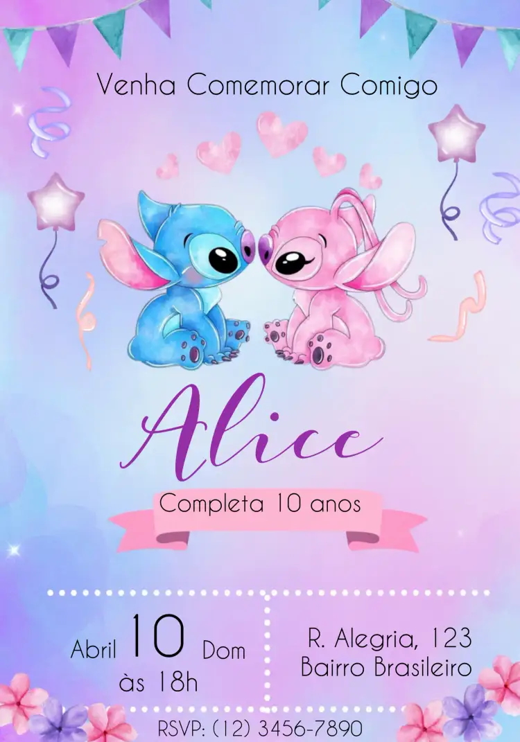 Convite Stitch E Angel Rosa – tema Mais pesquisados lilás, rosa, divertido, infantil, colorido, temático