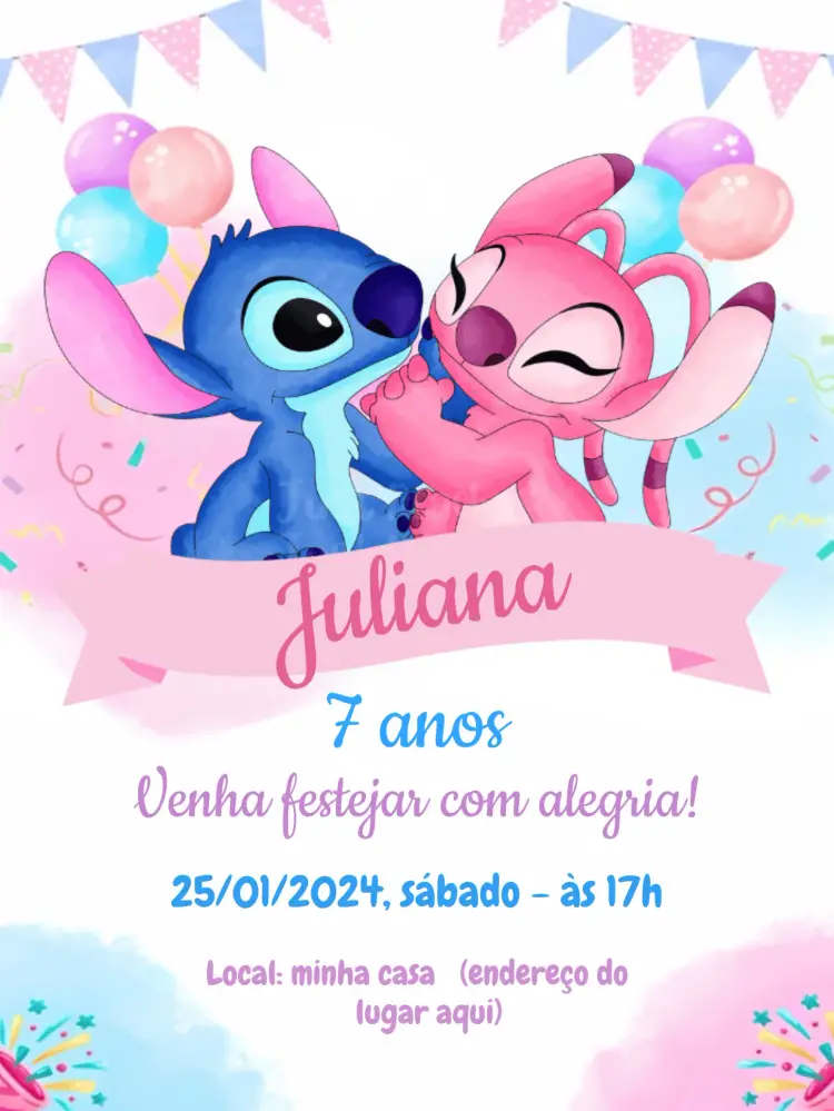 Convite Stitch E Angel Rosa editável e personalizável