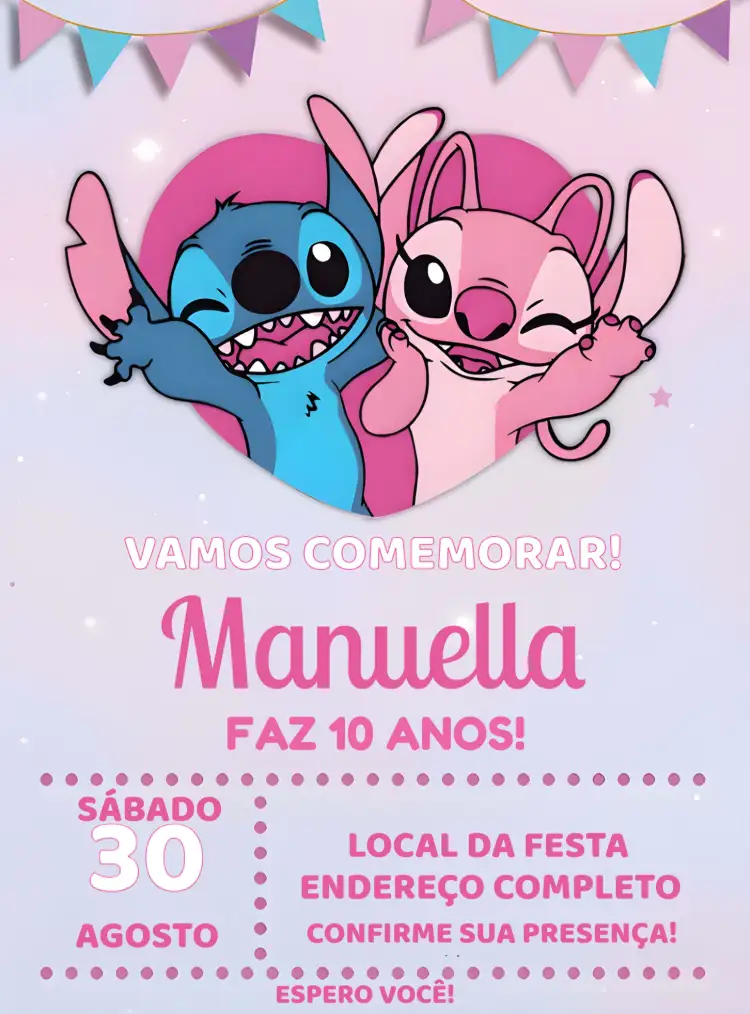 Convite Stitch E Angel Rosa – tema Mais pesquisados rosa, divertido, infantil, Disney, ilustrações fofas