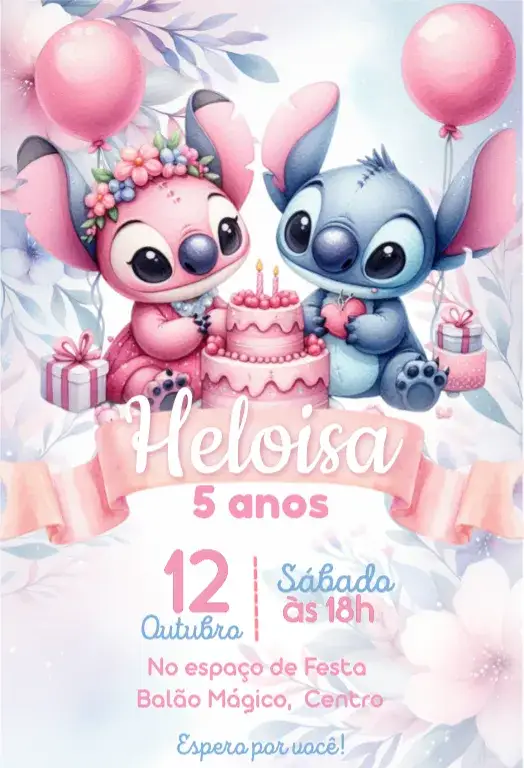 Convite Stitch e Angel rosa aniversário – tema Mais pesquisados rosa, Disney, infantil, colorido, fofo, moderno