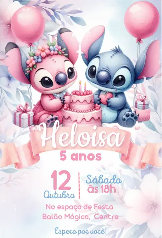 Convite Stitch e Angel rosa aniversário