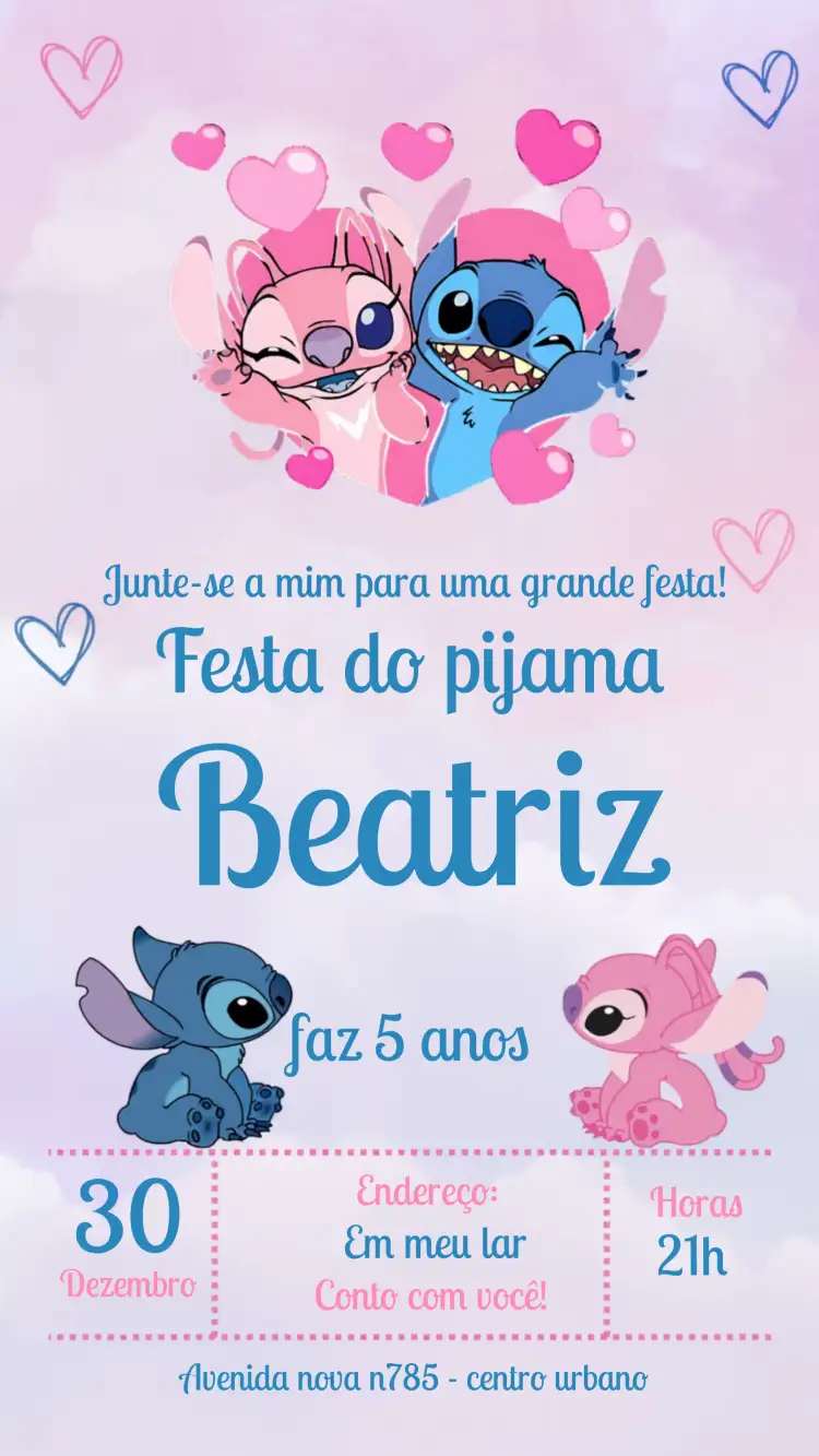 Convite Stitch E Angel Stiti – tema Mais pesquisados colorido, divertido, infantil, Disney, temático