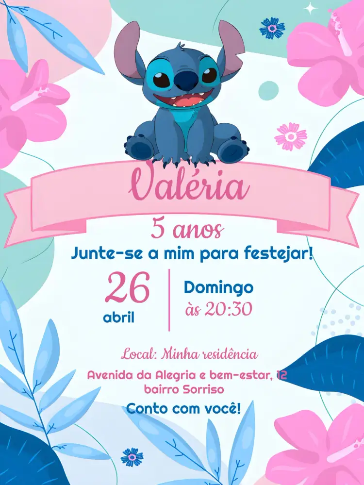Convite Stitch Festa – tema Mais pesquisados divertido, colorido, infantil, temático, vibrante