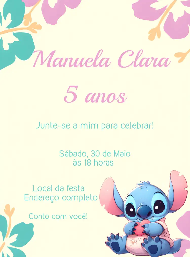 Convite Stitch Floral – tema Mais pesquisados floral, colorido, delicado, infantil, moderno