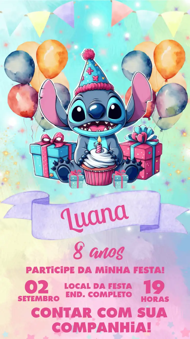 Convite Stitch Fofo – tema Mais pesquisados vibrante, lúdico, colorido, temático, divertido