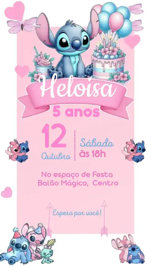 Convite Stitch fundo rosa – tema Mais pesquisados fofo, colorido, moderno, Disney, divertido, cute