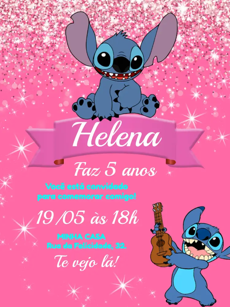Convite Stitch Glitter – tema Mais pesquisados glitter, rosa, divertido, animado, colorido, infantil