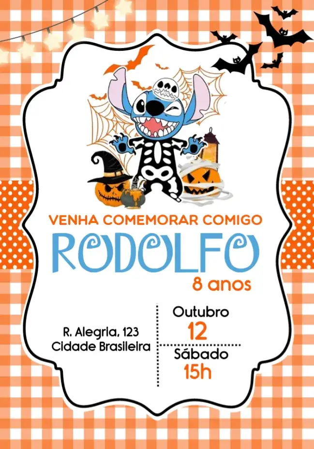 Convite Stitch Halloween Laranja – tema Datas Comemorativas laranja, divertido, temático, bruxas, animais, ilustrações