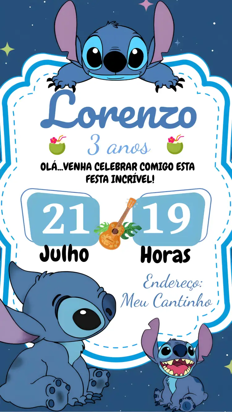 Convite Stitch Infantil – tema Mais pesquisados azul, Disney, temática infantil, divertido, colorido, moderno
