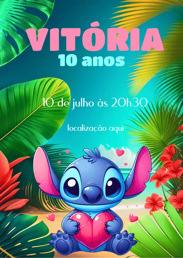 Convite Stitch Infantil – tema Mais pesquisados rosa, divertido, lúdico, colorido, temático, infantil