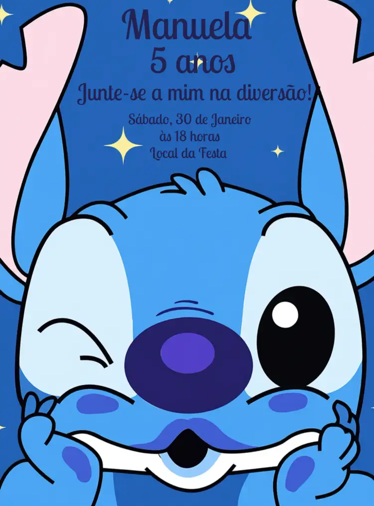 Convite Stitch Infantil – tema Mais pesquisados personagem, céu estrelado, infantil