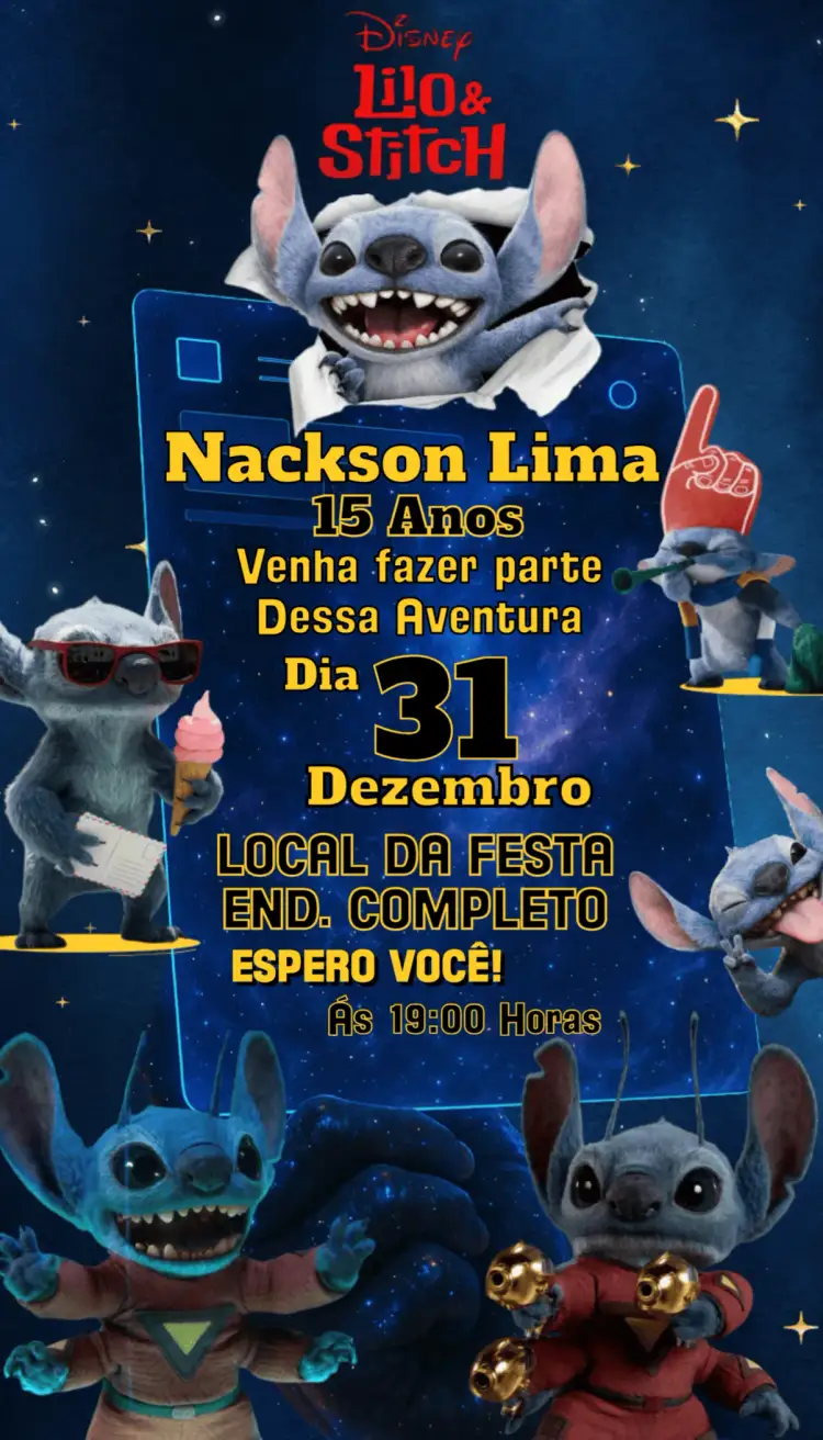 Convite Stitch intergalatico – tema Aniversário colorido, divertido, tropical, estilo cartoon, intergalático, infantil