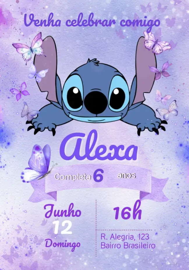 Convite Stitch Lilás – tema Mais pesquisados aquarela, lilás, floral, divertido, infantil, moderno
