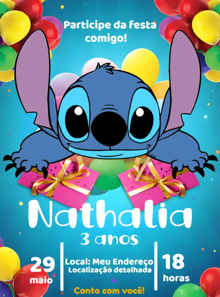 Convite Stitch Lilo – tema Mais pesquisados azul, branco, divertido, temático, colorido, infantil