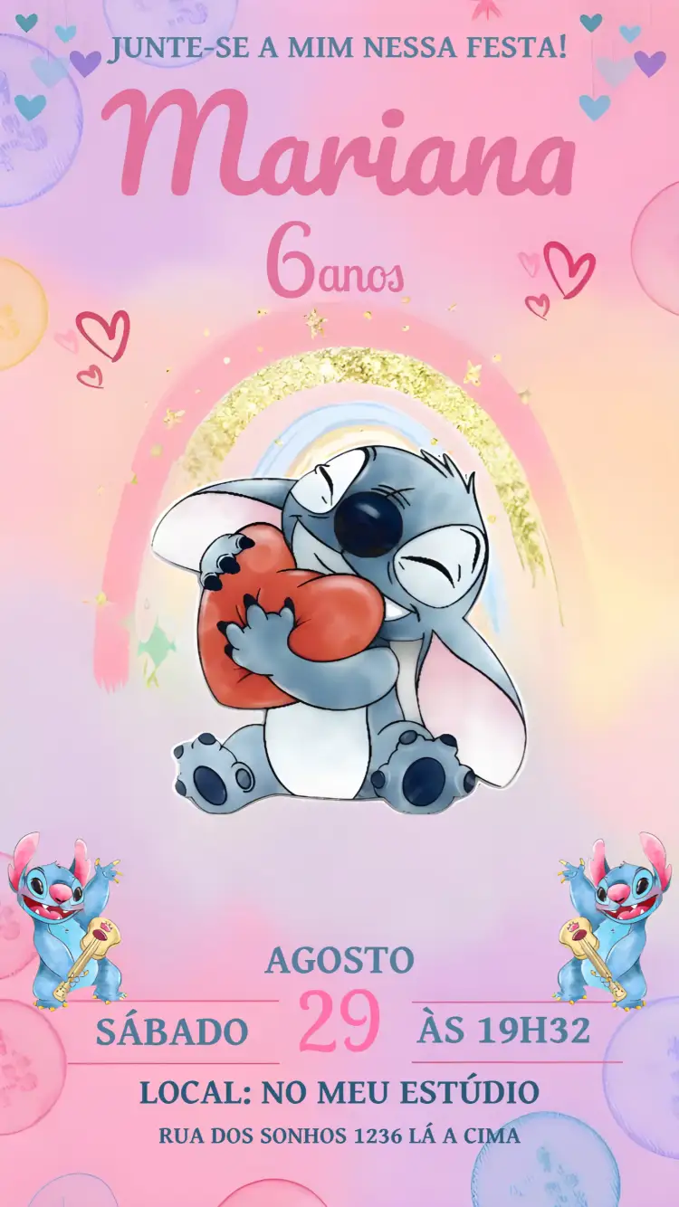 Convite Stitch Lilo – tema Mais pesquisados aquarela, delicado, rosa, tropical, infantil, divertido