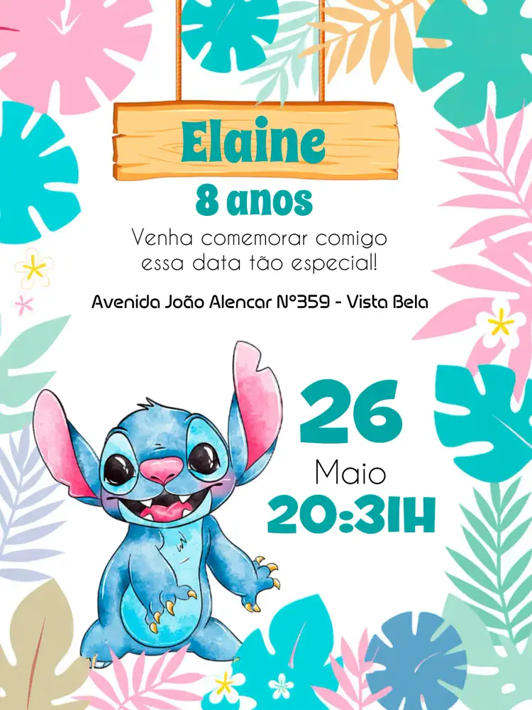 Convite Stitch Lilo – tema Aniversário Infantil aquarela, divertido, colorido, temático, infantil, lúdico