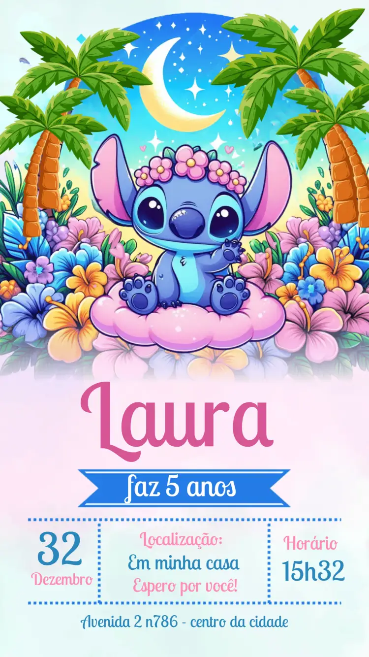 Convite Stitch Lilo – tema Aniversário Infantil colorido, tropical, divertido, ilustração, infantil, Disney