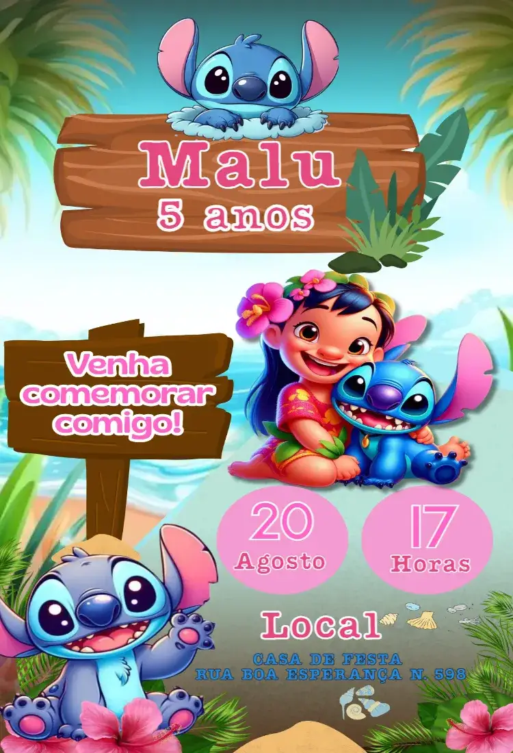 Convite stitch, lilo – tema Aniversário Infantil colorido, divertido, temático Disney, vibrante, lúdico, alegre