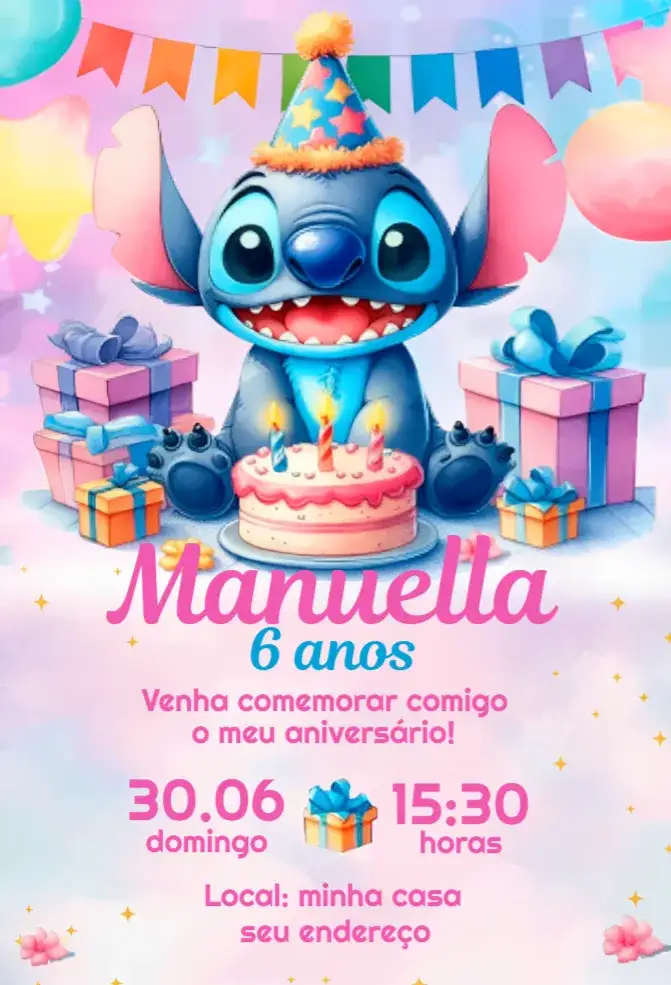 Convite Stitch menina – tema Aniversário rosa, divertido, infantil, colorido, temático, Disney