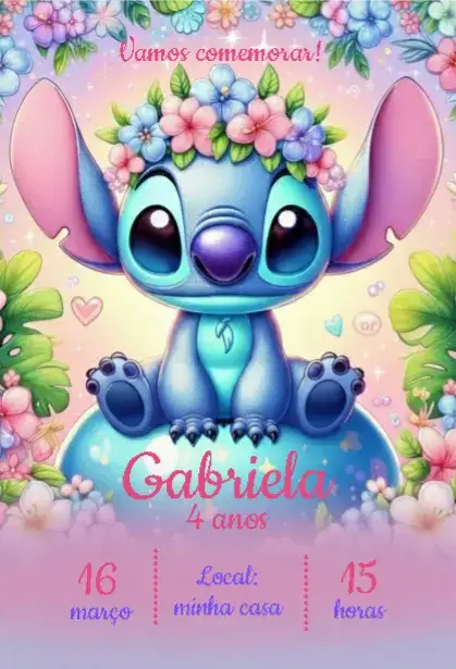 Convite Stitch Menina – tema Aniversário Infantil floral, colorido, lúdico, divertido, temático, moderno