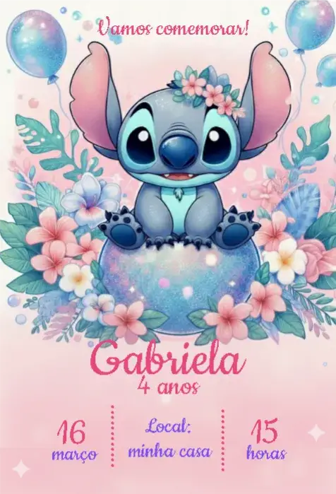 Convite Stitch menina floral