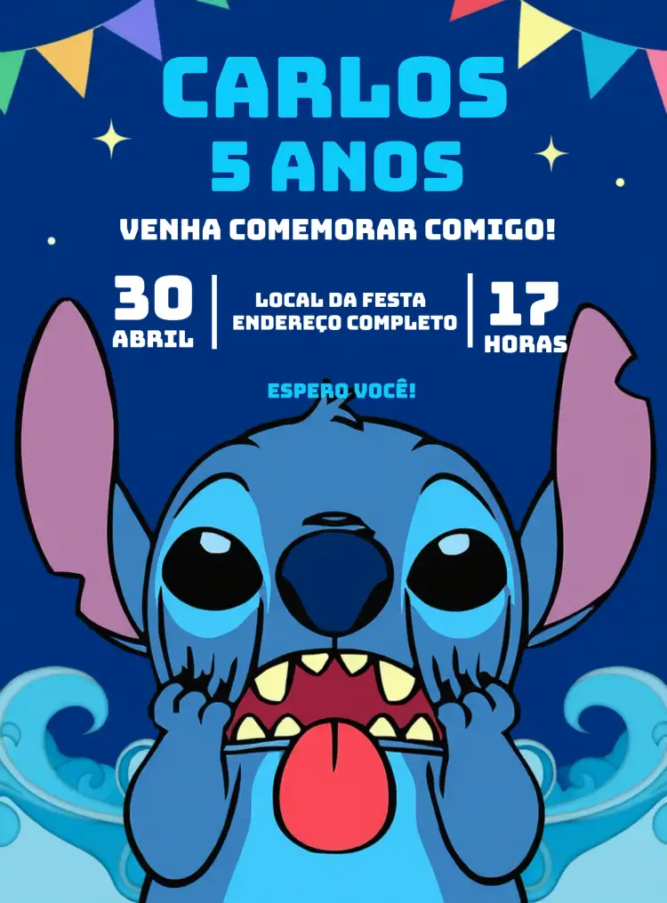 Convite Stitch Menino – tema Mais pesquisados azul, branco, divertido, temático, infantil, colorido