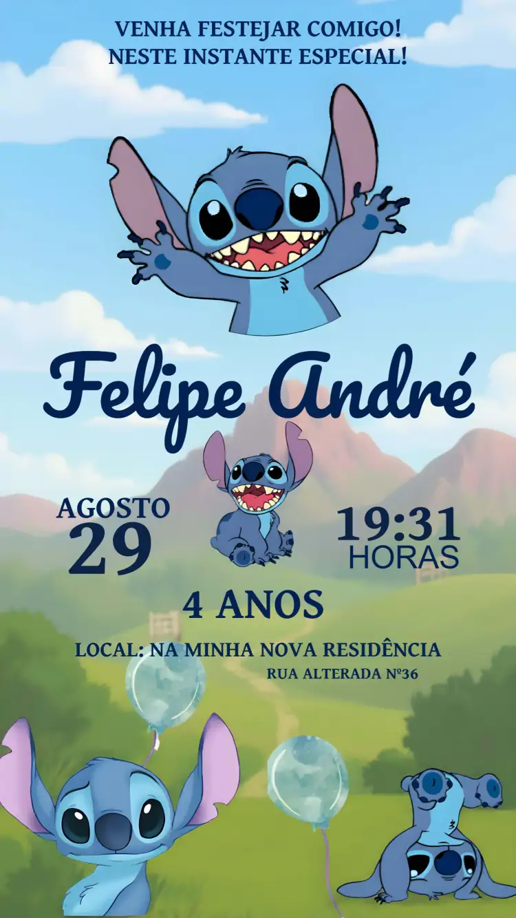Convite Stitch Menino Rosa – tema Mais pesquisados aquarela, delicado, rosa, moderno, infantil, divertido