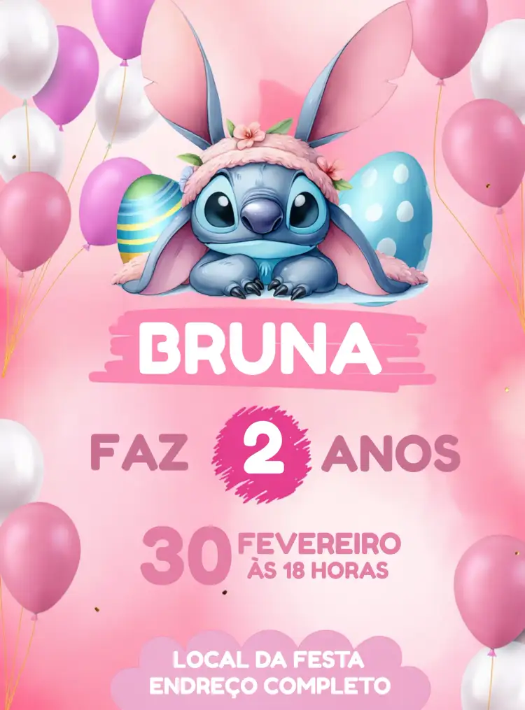 Convite Stitch Páscoa Lilo – tema Datas Comemorativas colorido, infantil, divertido, temático, vibrante, lúdico
