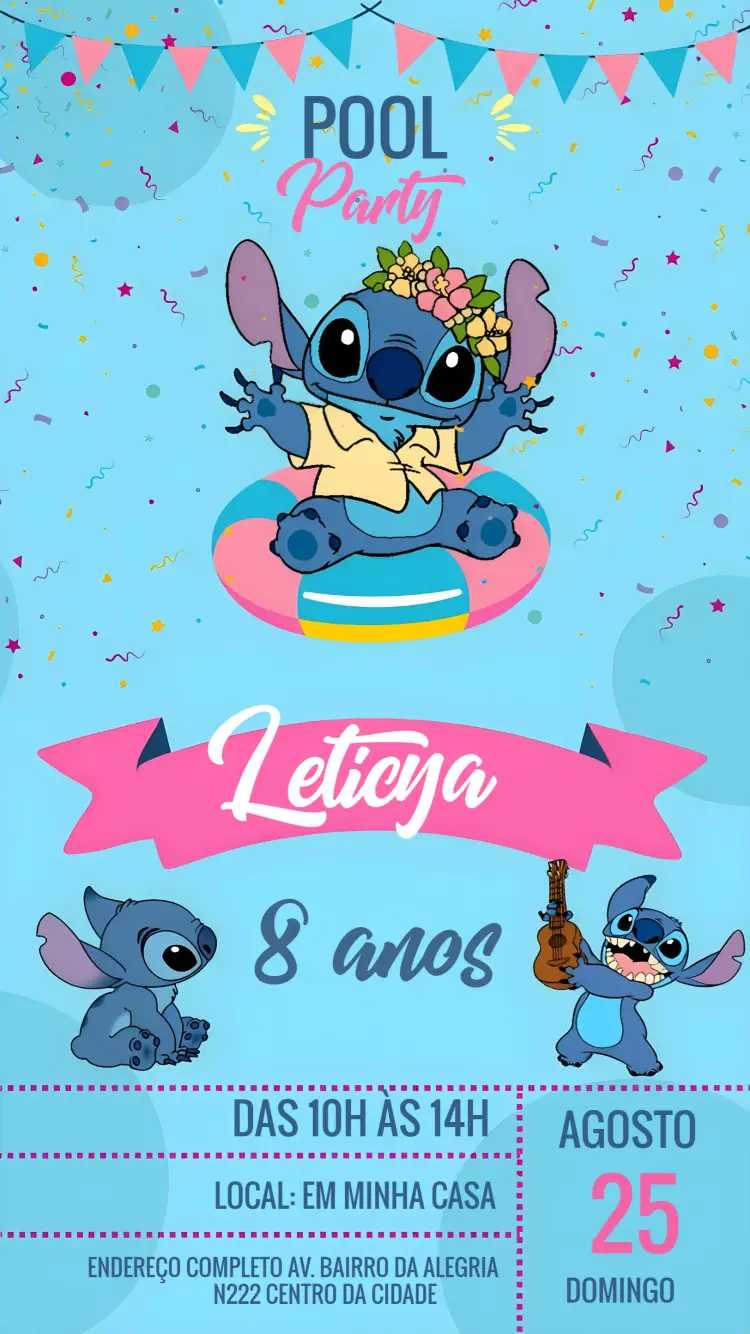 Convite Stitch Pool Party Disney