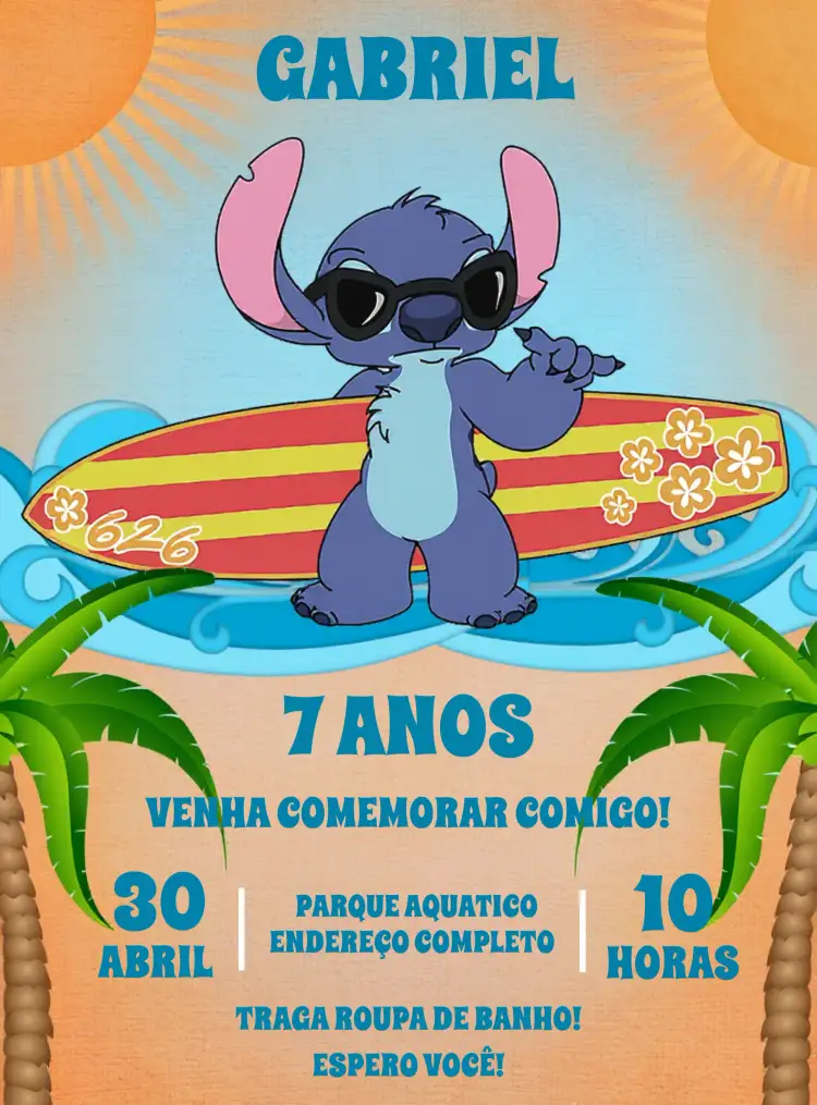 Convite Stitch Pool Party Praia – tema Mais pesquisados tropical, colorido, divertido, veranil, infantil