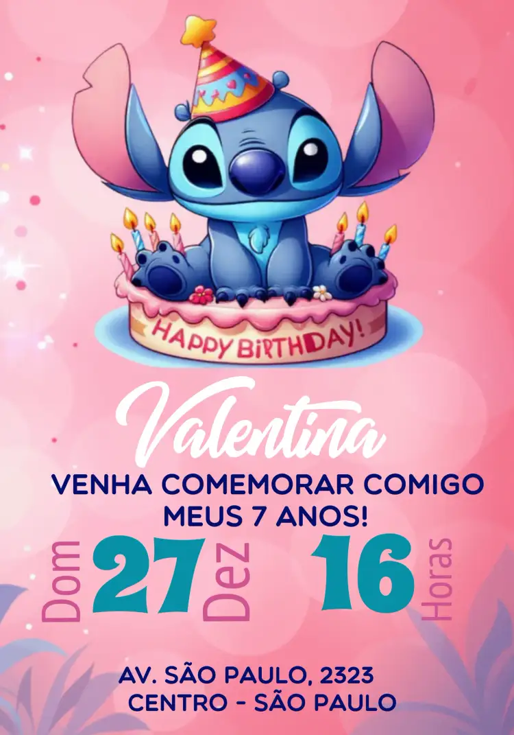Convite Stitch Rosa – tema Mais pesquisados rosa, fofo, glitter, infantil, temático, divertido