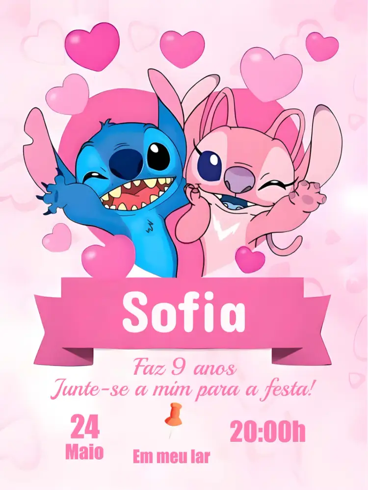 Convite Stitch Rosa – tema Mais pesquisados colorido, divertido, infantil, temático, vibrante