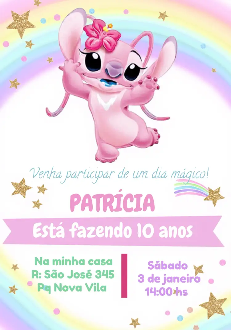 Convite Stitch Rosa - Angel Menina