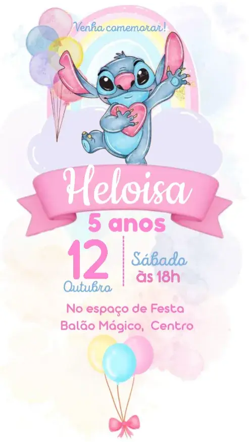 Convite Stitch rosa com arco-íris