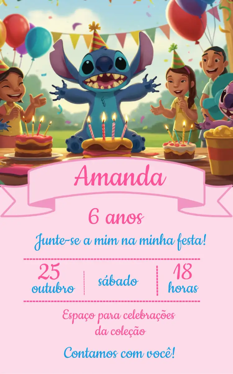 Convite Stitch Rosa Floral – tema Mais pesquisados floral, rosa, infantil, colorido, divertido, moderno