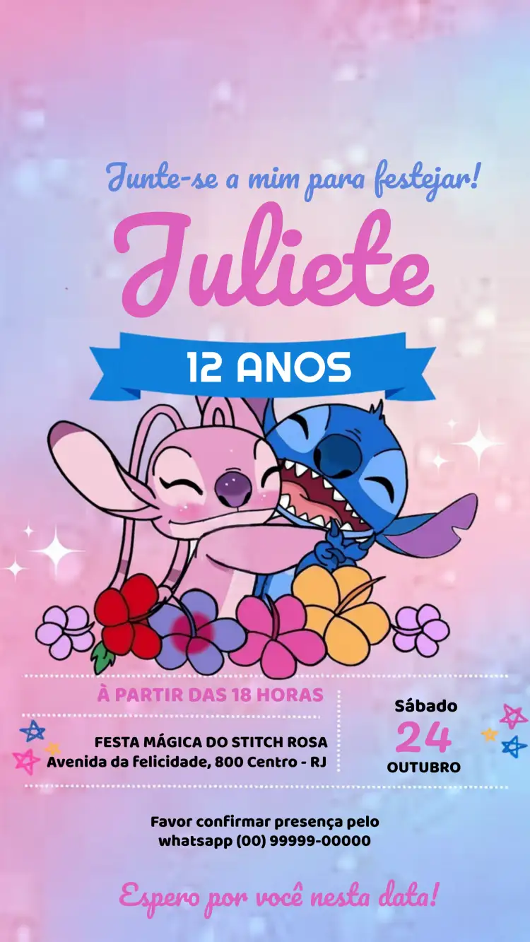 Convite Stitch Rosa Menina Infantil – tema Mais pesquisados rosa, divertido, moderno, colorido, Disney, infantil