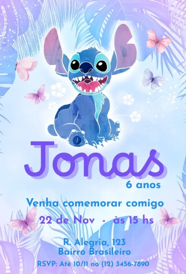 Convite Stitch Lilás – tema Aniversário Infantil tropical, personagem, natureza