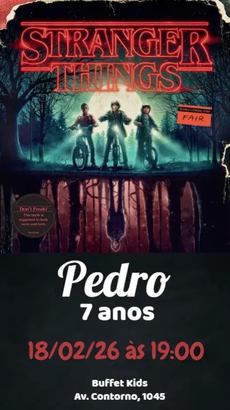Convite Stranger Things – tema Aniversário estilo retrô, cores vibrantes, elementos gráficos da série, atmosfera de mistério, design divertido, inspirado na cultura pop