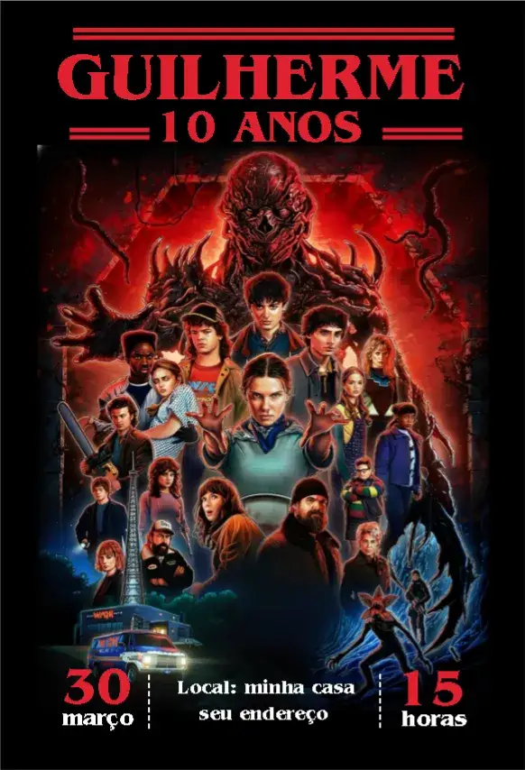 Convite Stranger Things 5ª temporada – tema Aniversário Infantil sombrio, retrô, cinema